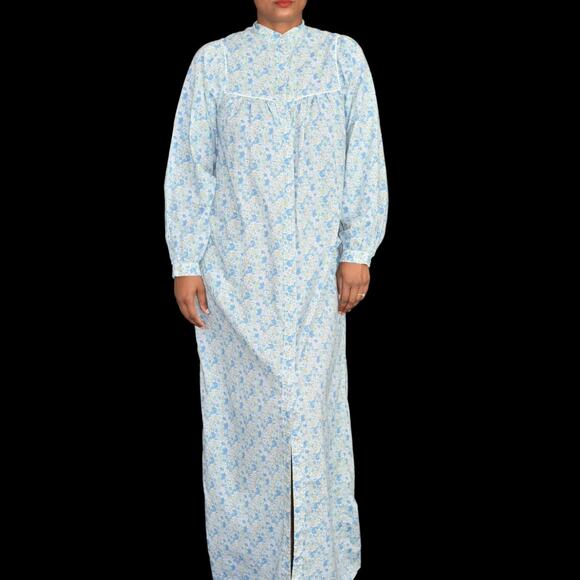 Vintage HukAPoo Gown Blue Floral Robe Prairie Country House Coat Maxi Size Small - Picture 1 of 14